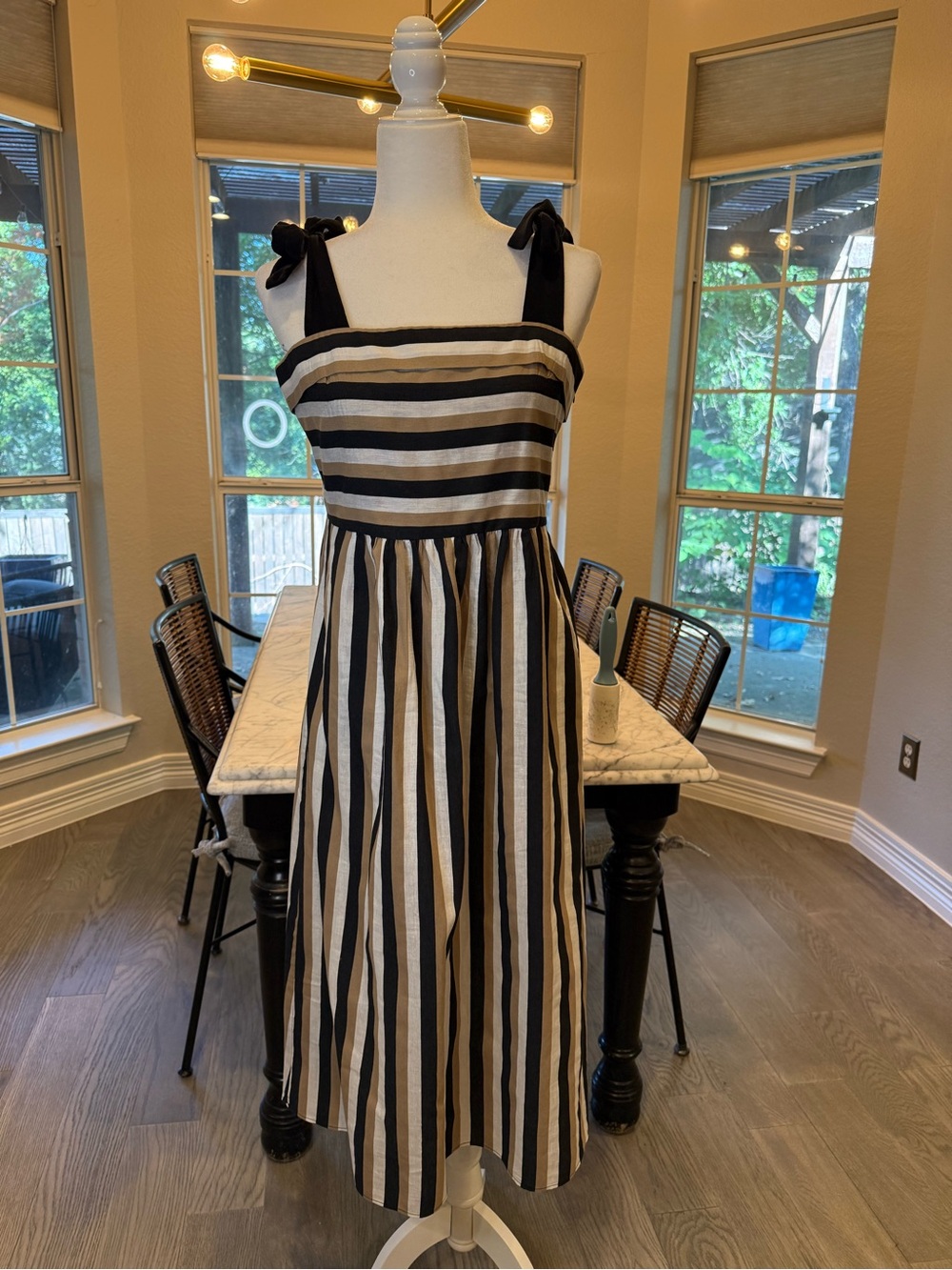 Zara Striped Tie-Shoulder Midi Dress in Black and Cream